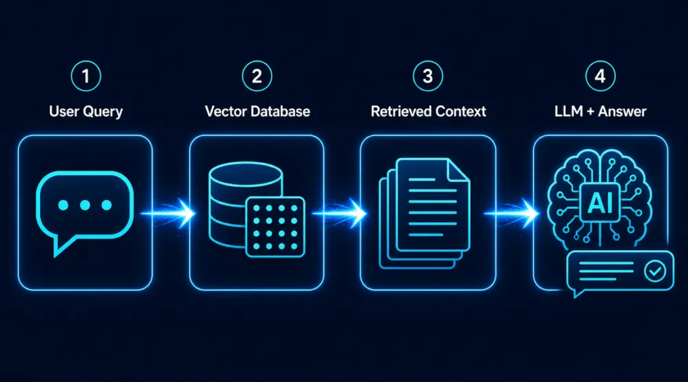 ขั้นตอนการทำงานของ RAG ทั้ง 4 ขั้น: รับคำถามจากผู้ใช้ → ค้นหาใน Vector Database → ดึง Retrieved Context → ส่งให้ LLM สร้างคำตอบที่แม่นยำ
