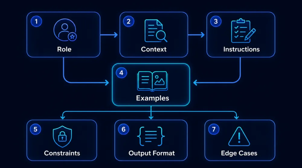 ภาพรวม 7 องค์ประกอบของ System Prompt ที่ดี ได้แก่ Role, Context, Instructions, Examples, Constraints, Output Format และ Edge Cases เชื่อมกันเป็น framework