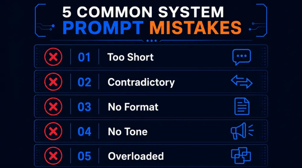 รายการ 5 ข้อผิดพลาดที่พบบ่อยในการเขียน System Prompt ได้แก่ สั้นเกินไป ขัดแย้งกัน ไม่มี format ไม่มี tone และใส่ข้อมูลเกิน