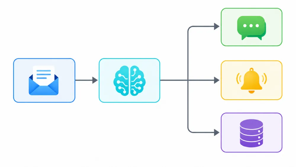 Diagram แสดง workflow automation: trigger รับ inquiry → AI Classification Node วิเคราะห์ → แยกเป็น 3 branches: Auto Reply, Notify Team, Update CRM สไตล์ no-code visual workflow