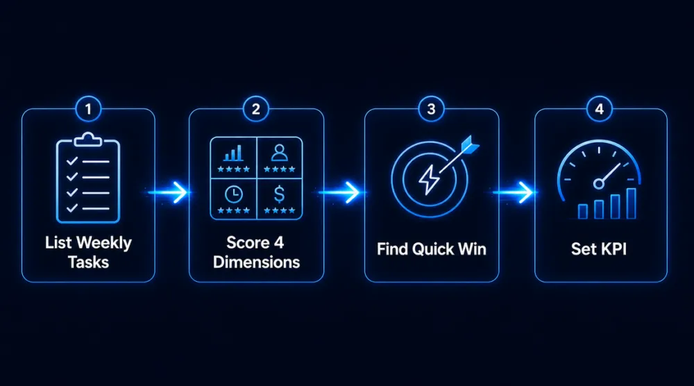 Framework Audit ธุรกิจ 4 ขั้นตอนสำหรับ SME เริ่มใช้ AI: ลิสต์งานซ้ำ → ให้คะแนน 4 มิติ → หา Quick Win → ตั้ง KPI วัดผล