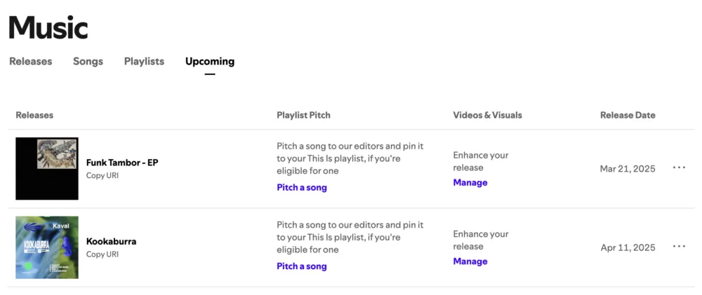 หน้าจอ Spotify for Artists สำหรับ pitch เพลงเข้า editorial playlist ก่อนวันปล่อยอย่างน้อย 7 วัน