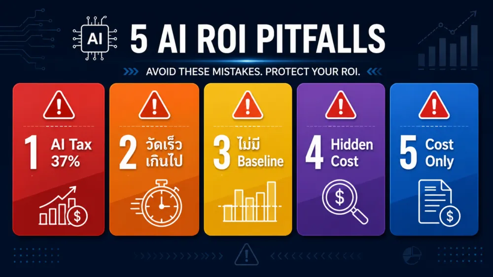5 Pitfalls ของ AI ROI: AI Tax 37%, วัดเร็วเกินไป, ไม่มี Baseline, Hidden Cost, วัดแค่ Cost Savings