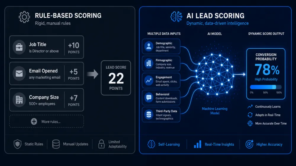 เปรียบเทียบ AI Lead Scoring กับ rule-based scoring แบบเดิม: AI เรียนรู้จาก pattern จริงเพื่อคำนวณ conversion probability แม่นยำกว่า