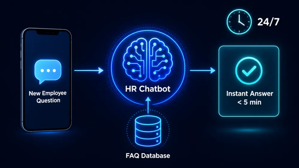 ขั้นตอนการทำงานของ Onboarding Chatbot: พนักงานใหม่ถามคำถาม → AI ประมวลผลจาก FAQ Database → ตอบกลับทันทีตลอด 24/7