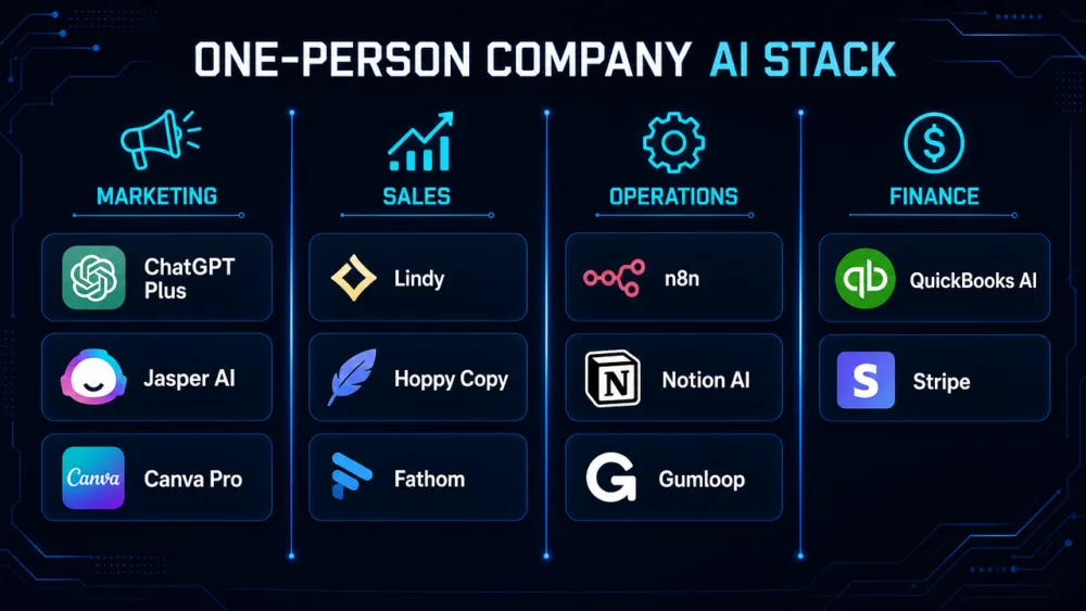 AI Stack สำหรับ one-person company แยกตาม function 4 ด้าน: Marketing, Sales, Operations และ Finance พร้อมชื่อเครื่องมือแต่ละหมวด