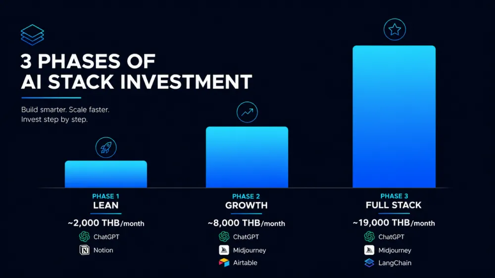 ตารางต้นทุน AI Stack สำหรับ solopreneur แบ่ง 3 Phase: Phase 1 ราว 2,000 บาท ถึง Phase 3 Full Stack ราว 19,000 บาท/เดือน