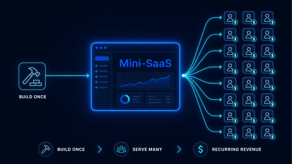 Diagram แสดงแนวคิด Mini-SaaS ทำเงินด้วย AI: สร้างซอฟต์แวร์ครั้งเดียวแล้วลูกค้าจำนวนมาก subscribe จ่ายรายเดือนแบบ recurring ต้นทุนเพิ่มต่อรายเกือบศูนย์