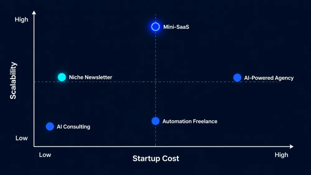 แผนภาพเปรียบเทียบ 5 model side hustle AI ตามต้นทุนเริ่มต้นและความ scalable เพื่อช่วยเลือกว่าควรเริ่มจาก model ไหนดีที่สุด