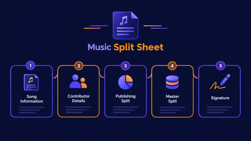 ไดอะแกรม Split Sheet 5 ส่วนที่ต้องกรอกให้ครบ เป็นหัวใจของการปล่อยเพลงด้วยตัวเองให้ไม่มีปัญหาลิขสิทธิ์