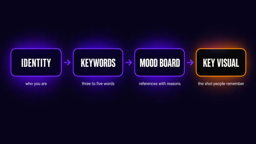 ไดอะแกรมขั้นตอนทำ Mood Board จากตัวตนศิลปิน สู่คีย์เวิร์ด มู้ดบอร์ด และภาพหลักที่คนจดจำ
