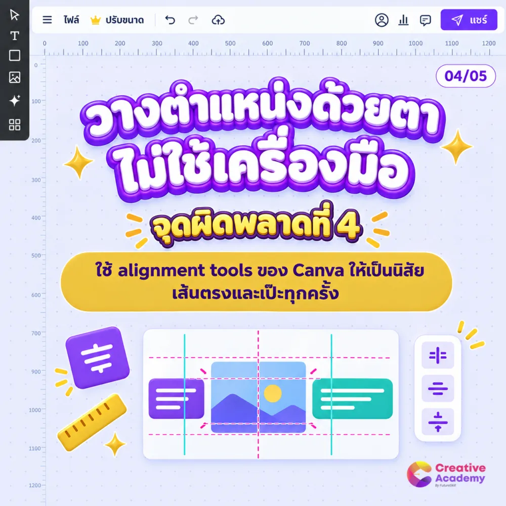 ข้อผิดพลาด Canva: วางตำแหน่งด้วยสายตาแทนการใช้ alignment tools