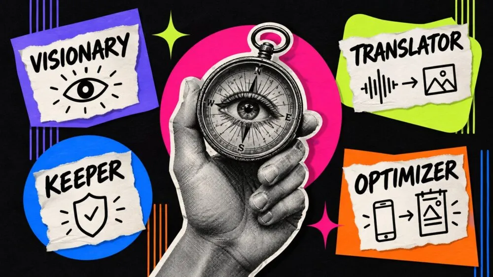 ภาพคอลลาจ 4 บทบาทของ Art Director อาชีพที่ AI แทนไม่ได้ ได้แก่ Visionary, Translator, Keeper และ Optimizer