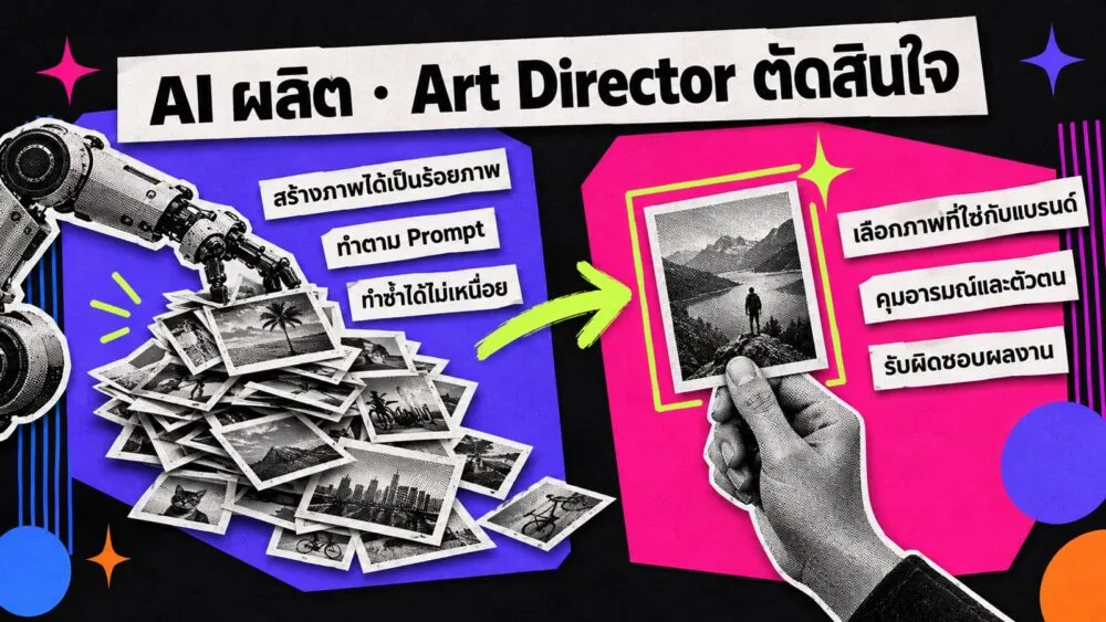 ภาพคอลลาจเปรียบเทียบ AI กับ Art Director: AI สร้างภาพได้เร็ว แต่ Art Direction คือการตัดสินใจเลือกภาพที่ใช่