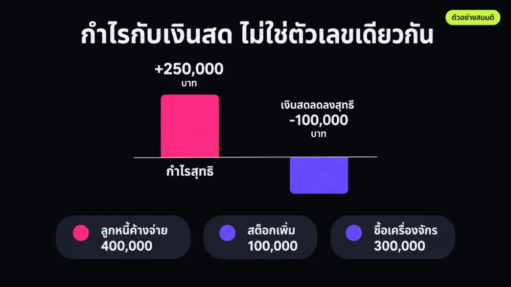 กราฟเทียบกำไรสุทธิกับเงินสดในตัวอย่างสมมติ ที่อธิบายว่างบกระแสเงินสดแสดงเงินสดลดลงแม้ธุรกิจกำไร เพราะลูกหนี้และสต็อก