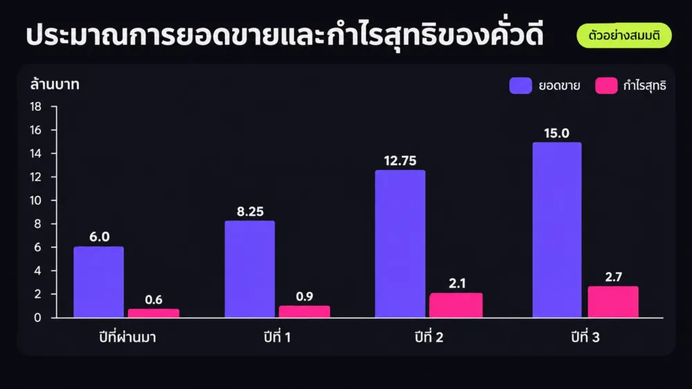 กราฟประมาณการยอดขายและกำไรสุทธิ 3 ปีในตัวอย่างแผนธุรกิจของโรงคั่วกาแฟสมมติ หน่วยล้านบาท